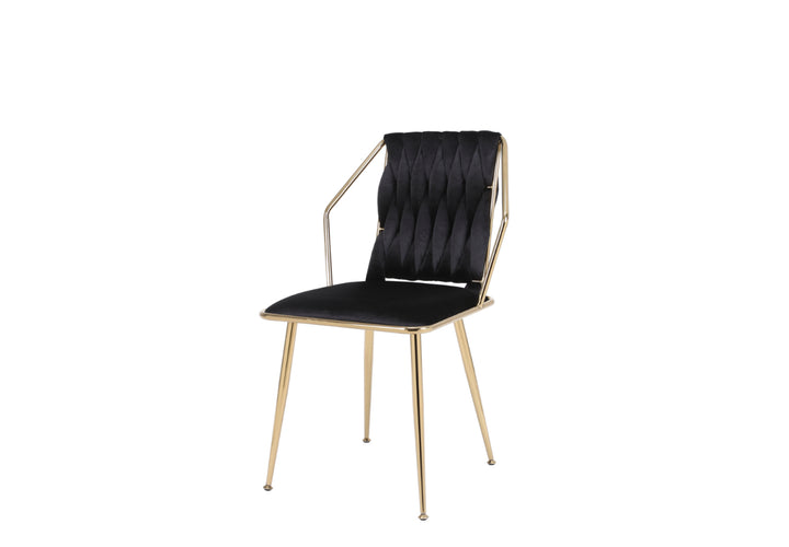 A black dining chair with a gold frame and dark upholstery, isolated on a white background.
