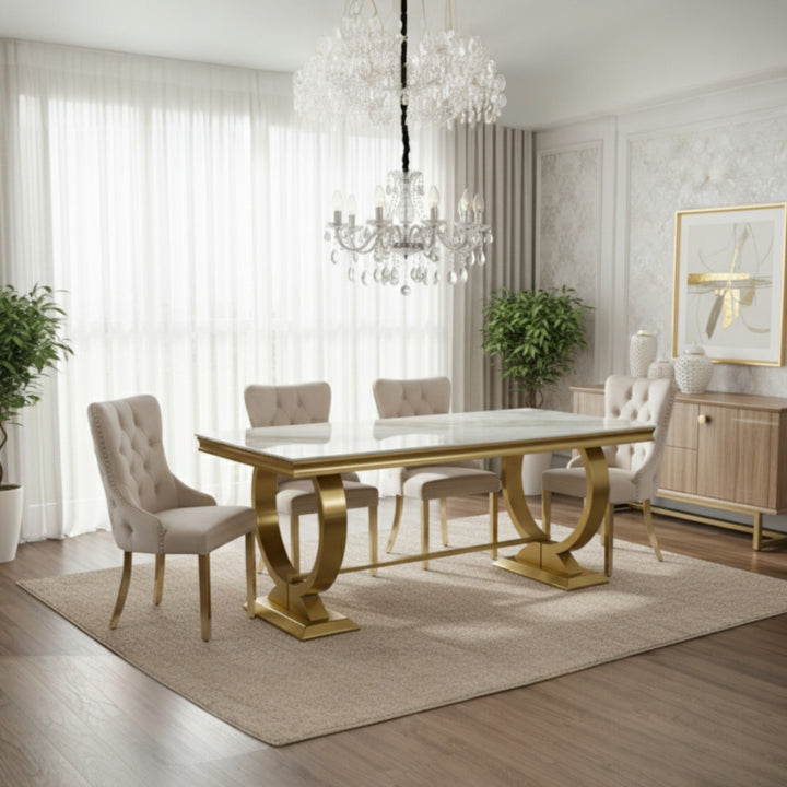 Arianna Gold Marble Dining Table + Victoria Cream and Gold Chairs Lion Knocker
