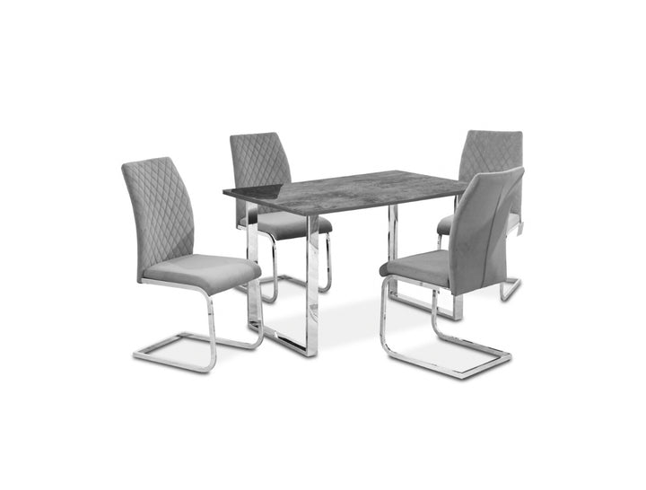 A grey dining set consisting of a rectangular table with a stone effect glass top and four matching chairs with a fabric seat and chrome frame.
