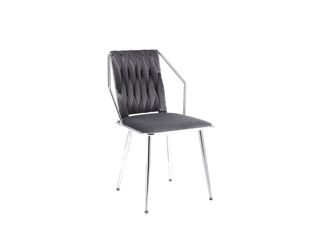 A grey fabric dining chair with a metal frame and armrests.