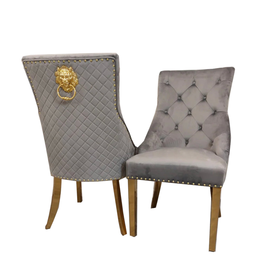 Arianna Marble Gold Dining Table With Bentley Mink and Gold Lion Knocker Dining Chairs