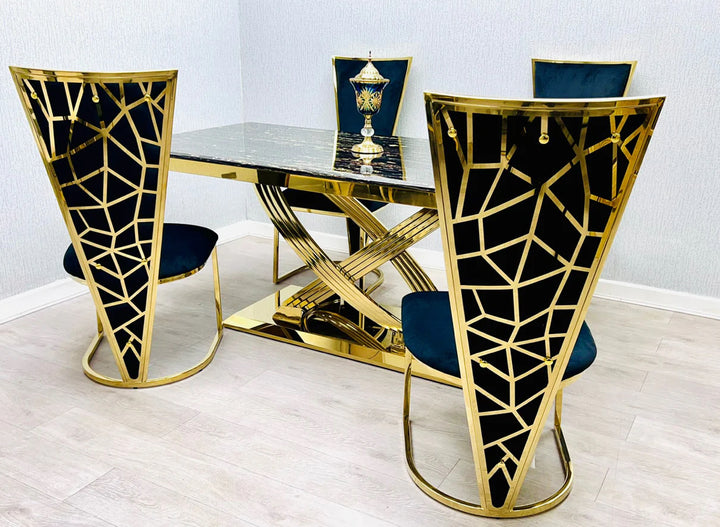 A Vienna balck and gold dining chair with a upholstered seat and a geometric patterned backrest in gold tone. with black and gold dining table set