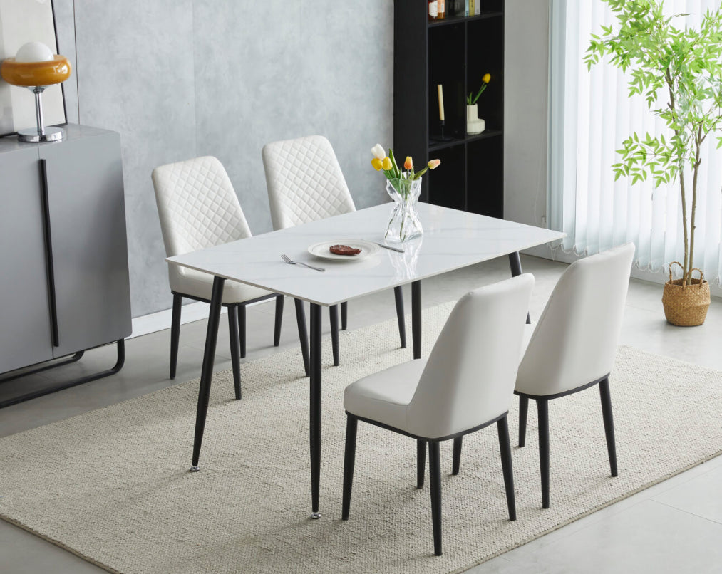 1.2M Oxford Ceramic White Dining Table 4 White Dining leather Chairs on the dining room