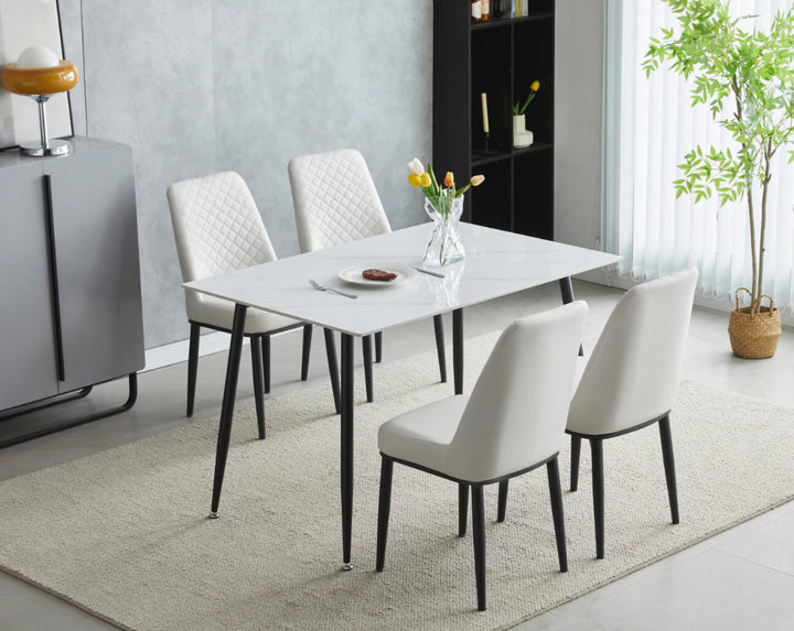 1.2M Oxford Ceramic White Dining Table 4 White Dining leather Chairs on the dining room