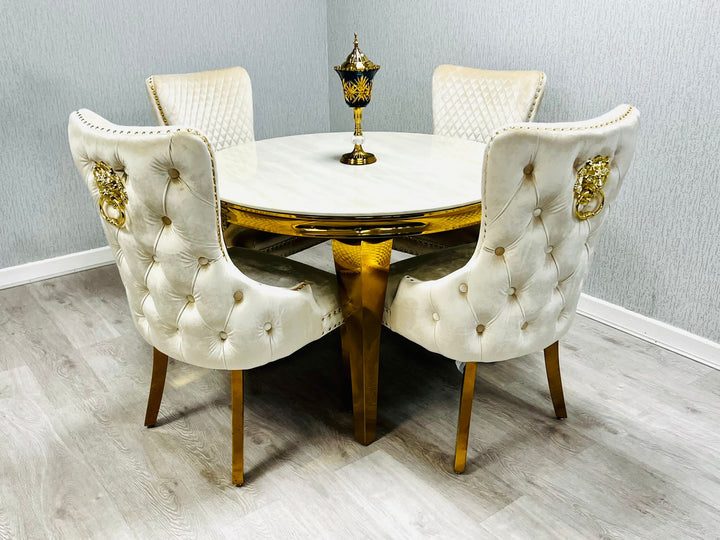 Sofia Round Marble  Dining Table With Gold Victoria Dining Chairs Lion knocker