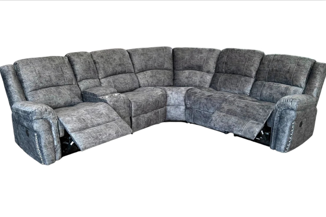A gray fabric Milan electric recliner sofa with a modular design, including multiple seat units and USB phone chargers.