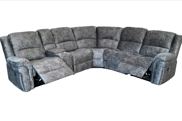 A gray fabric Milan electric recliner sofa with a modular design, including multiple seat units and USB phone chargers.