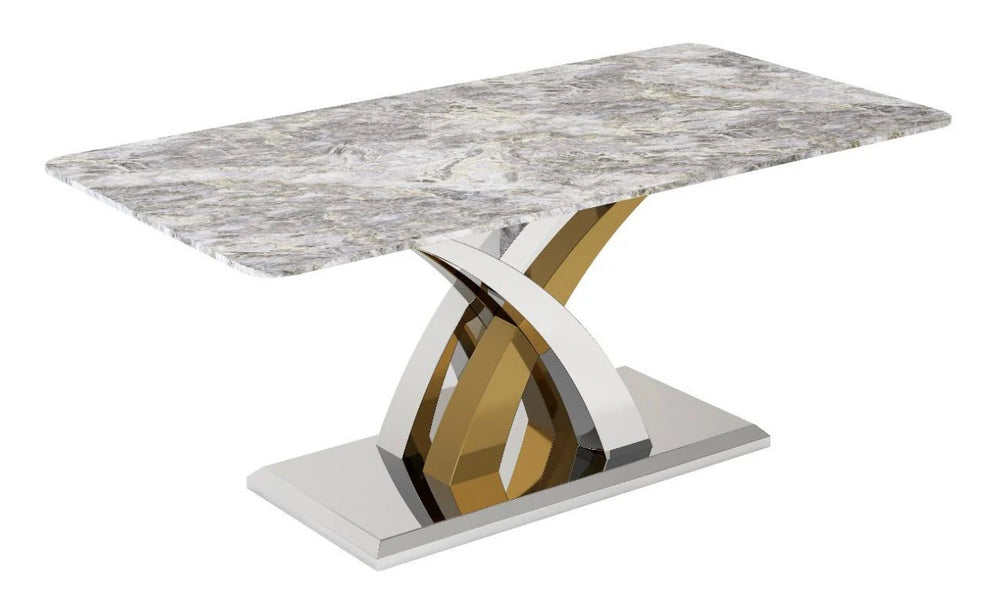 A rectangular dining table with a grey marble-like tabletop and metallic legs in gold and silver colors.