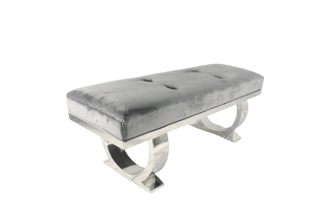Modern grey velvet bench with tufted seat and polished chrome curved legs, perfect for bedroom or hallway seating
