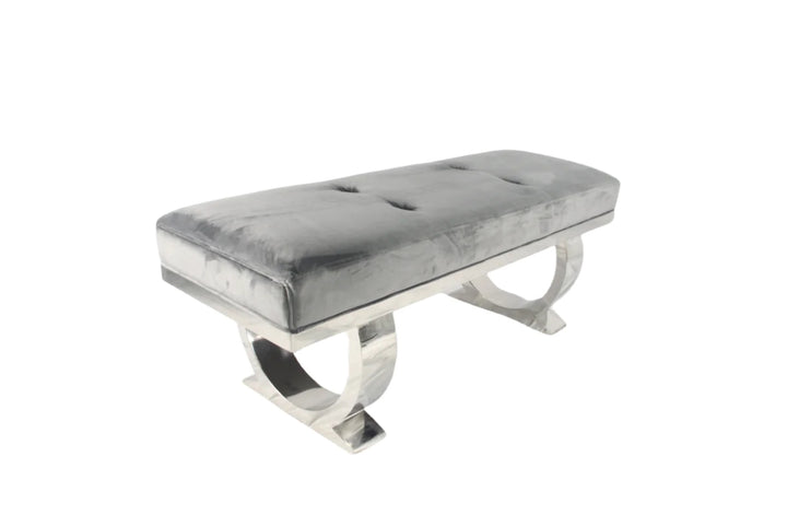 Modern grey velvet bench with tufted seat and polished chrome curved legs, perfect for bedroom or hallway seating