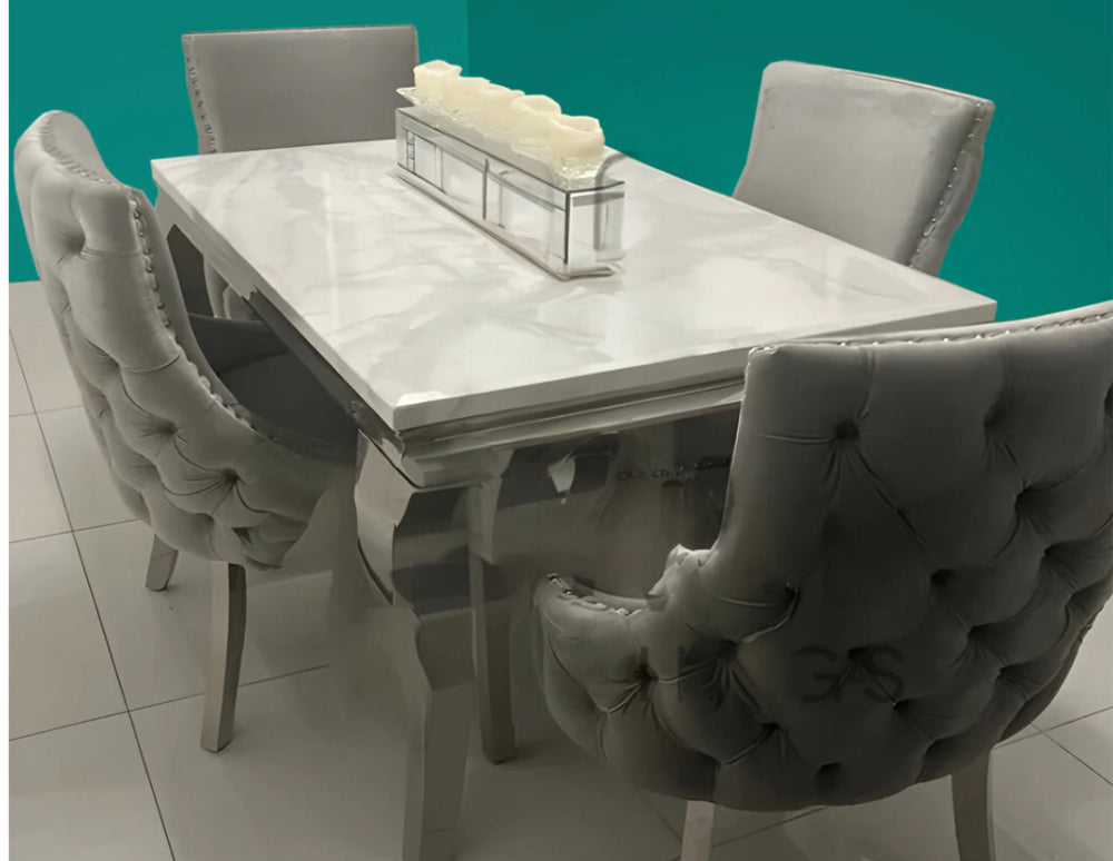 light and dark grey dining table and chair with chrome color leg