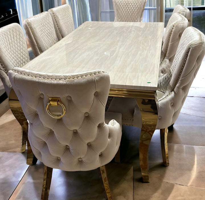 Louis Gold Marble Dining Table + Victoria Gold Dining Chairs Ring Knocker