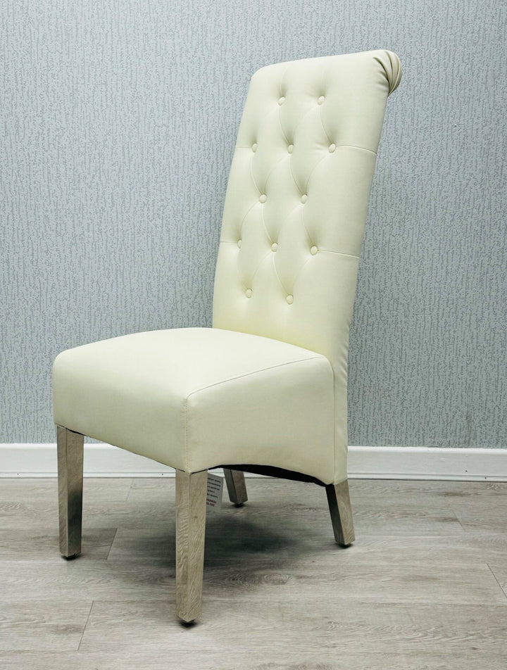 a luxury long chair cream color with wooden leg