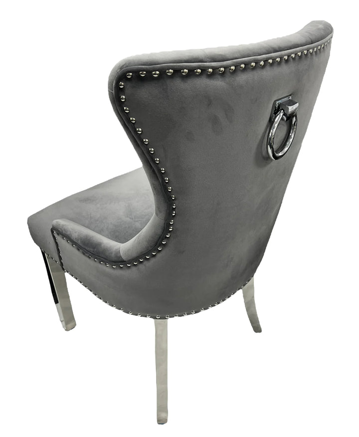 Ariana Marble Dining Table Light Grey + Jessica Dining Chairs Ring knocker Light Grey