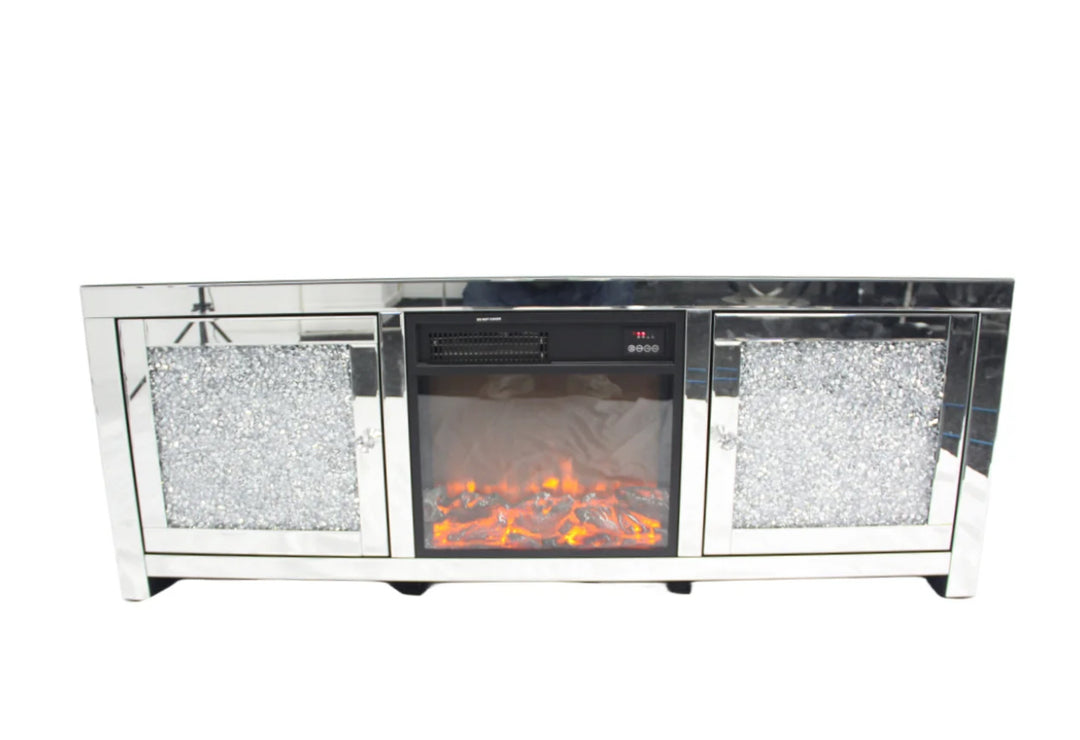 A modern silver mirrored TV unit with a fireplace insert and crushed diamond pattern detailing.