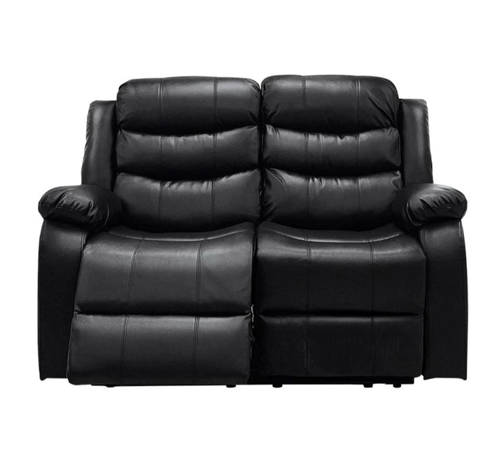 A black leather recliner sofa set, consisting of a 2-seater sofa, with drink holders, displayed in a room with grey flooring and skylights.