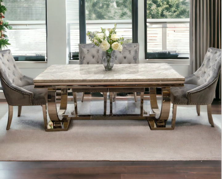 Arianna Marble Dining Table Grey + Jessica Dining Chairs Ring knocker Dark Grey