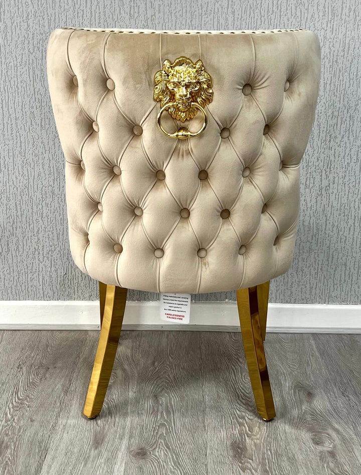 1.1M Round Table Cream And Gold + Gold Valentino Mink Lion Knocker Chairs