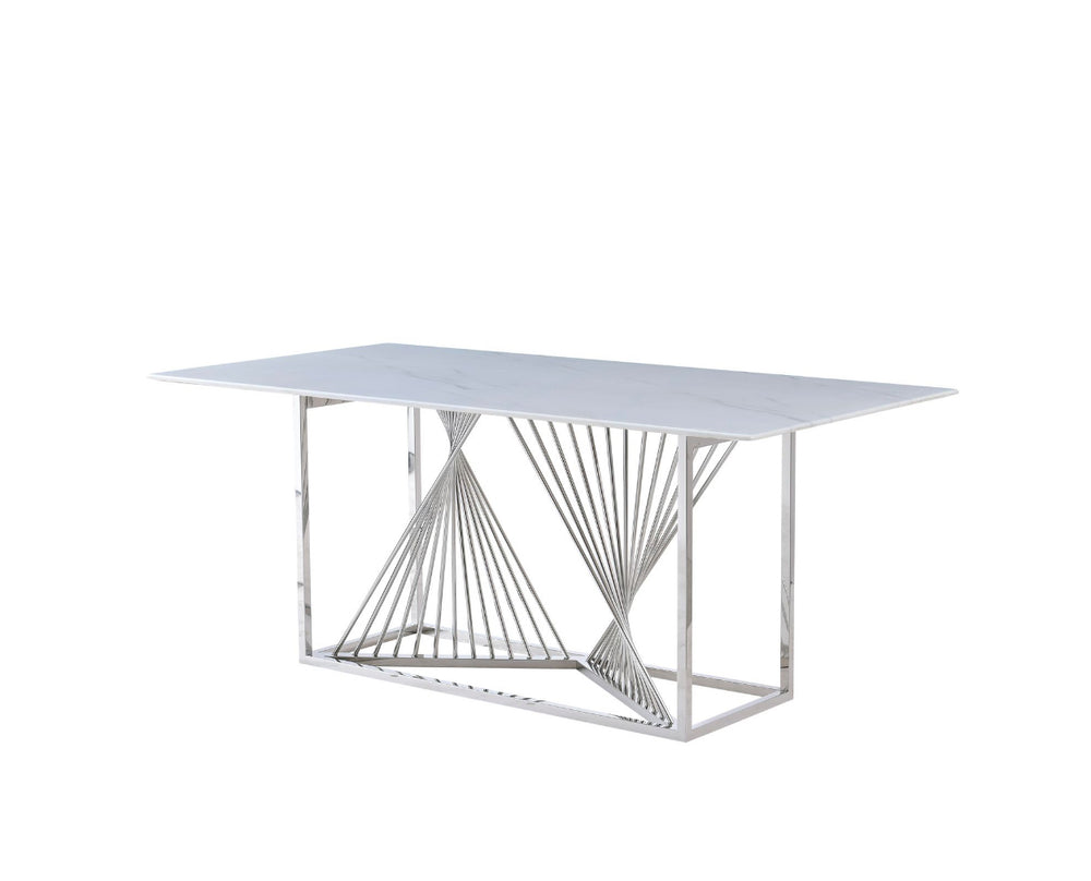 A marble dining table with a metallic frame and no visible chairs.