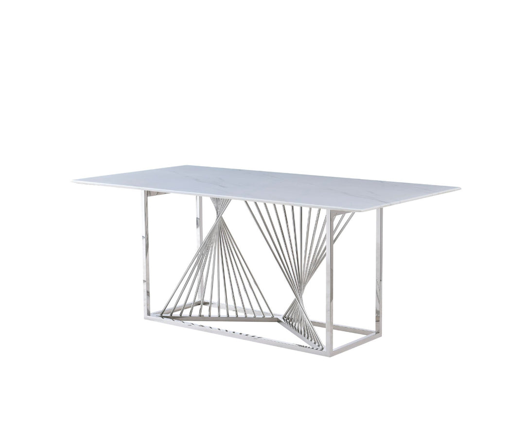 A marble dining table with a metallic frame and no visible chairs.