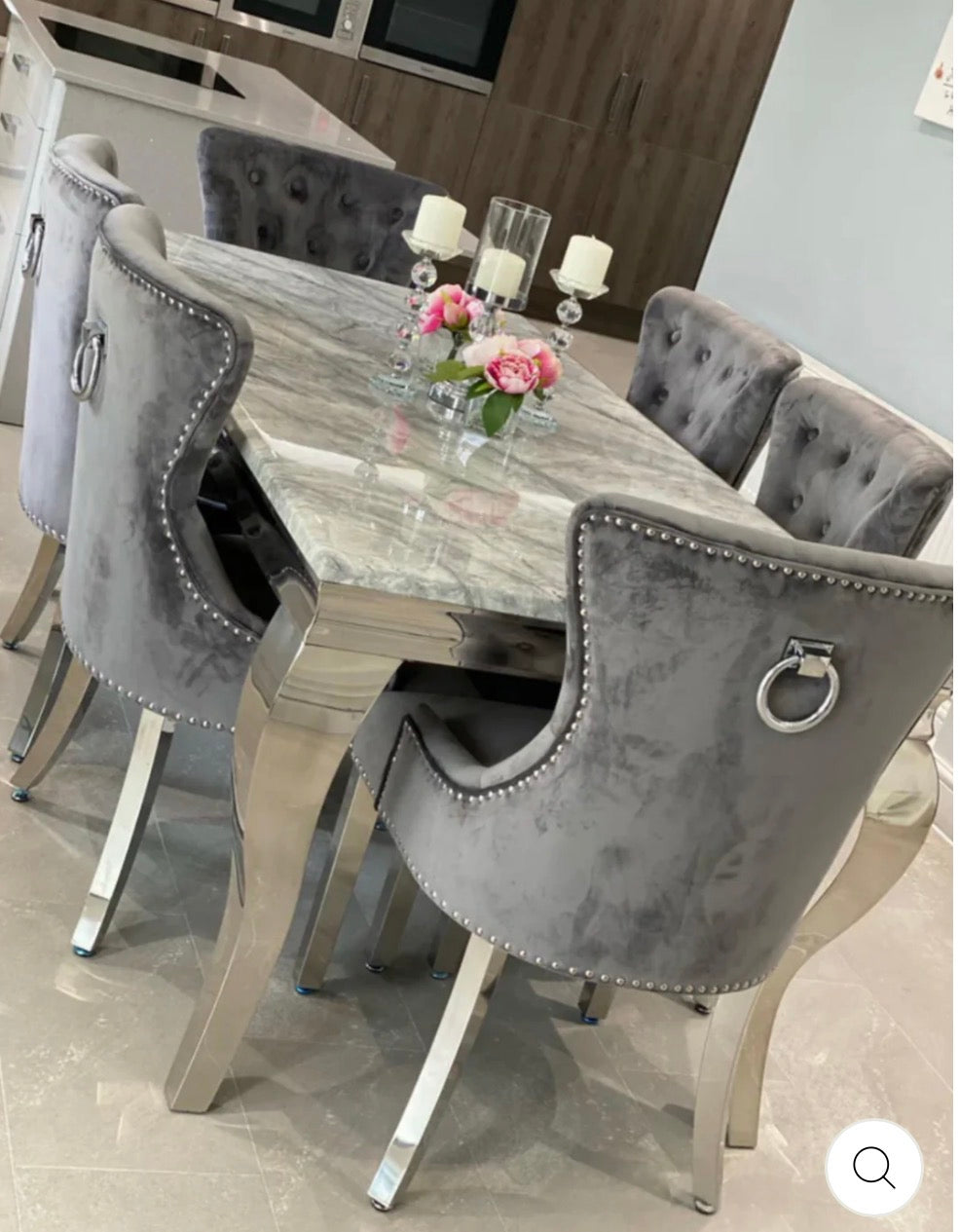 1.6M Louise table Black Top with 5 Dark GRey Ring knocker chairs