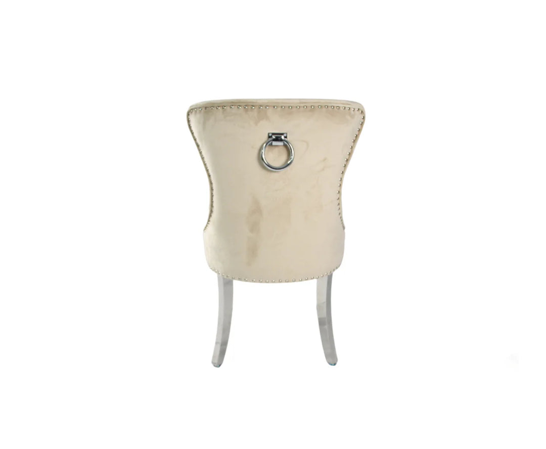 cream sit and gold leg dining chair back side view in a elite ambient interiors showroom