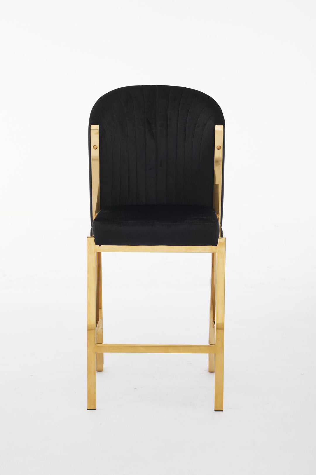 A black and gold bar stool with a padded seat and gold metallic legs.