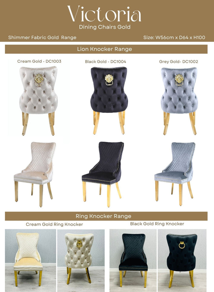 Arianna Gold Marble Dining Table + Victoria Cream and Gold Chairs Lion Knocker