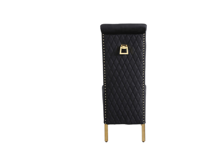 A black dining chair with gold accents and a square knocker, featuring a upholstered backrest and seat, with wooden legs.