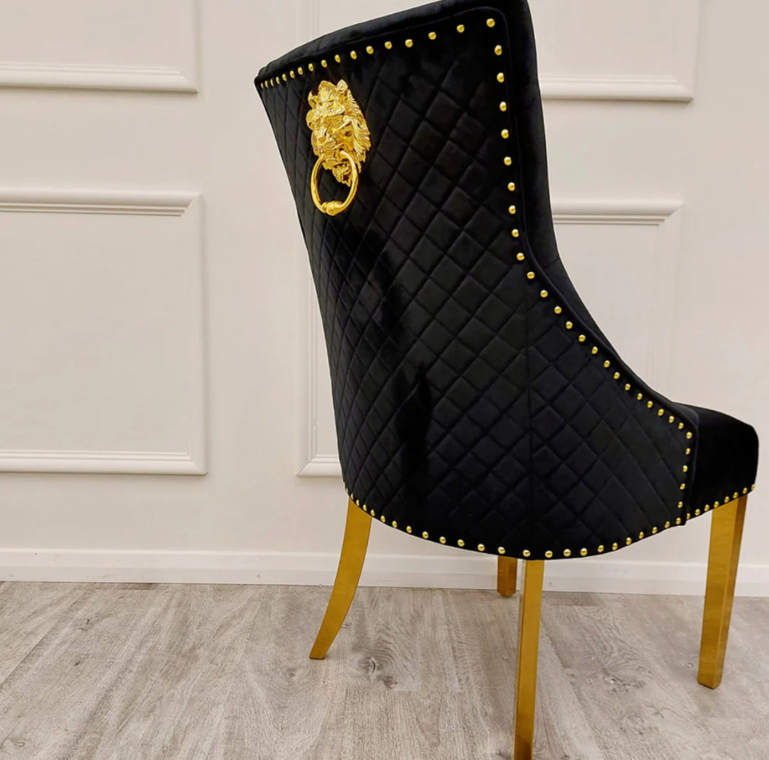 Arianna Marble Gold Dining Table With Bentley Mink and Gold Lion Knocker Dining Chairs