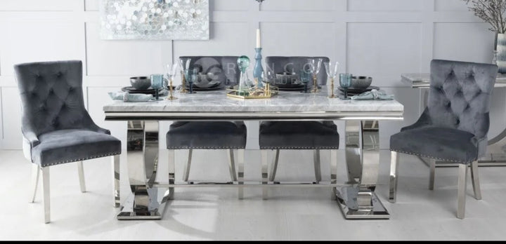 Ariana Marble Dining Table Light Grey + Jessica Dining Chairs Ring knocker Light Grey