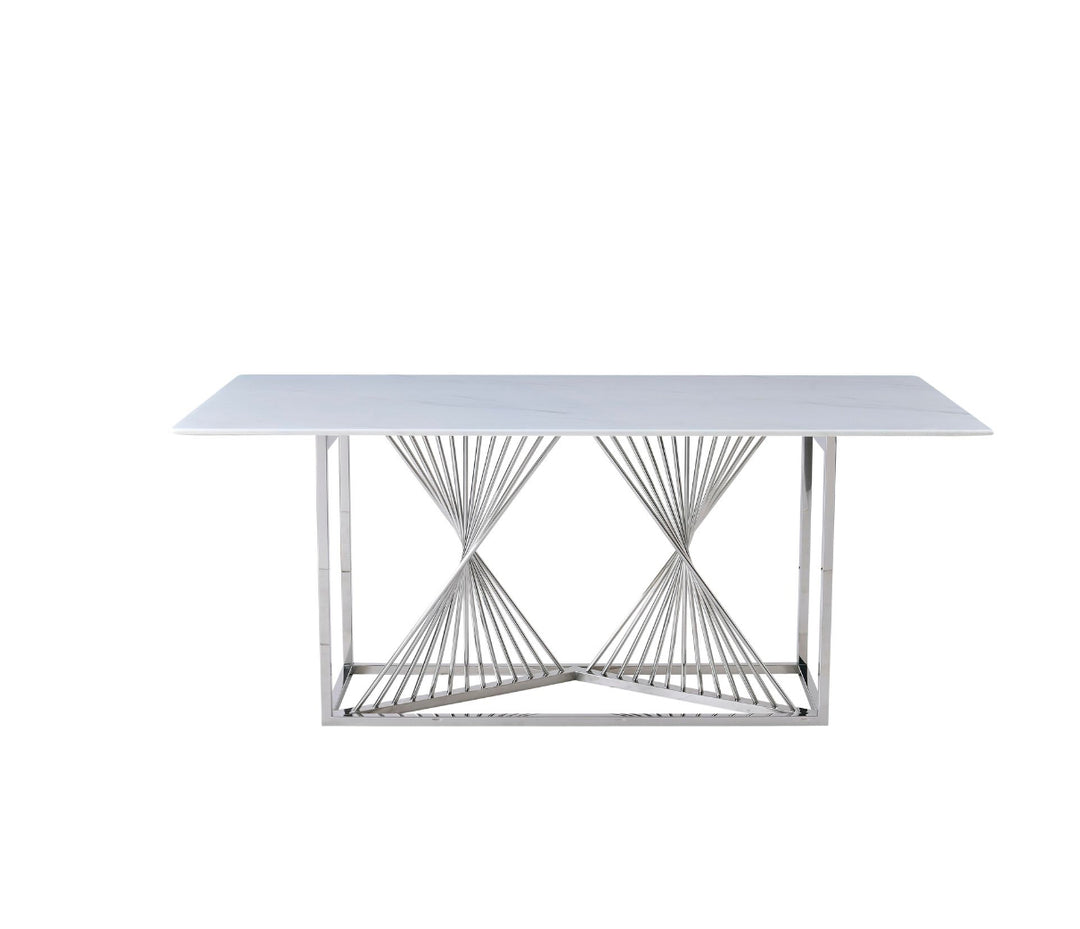 A marble dining table with a metallic frame and no visible chairs.