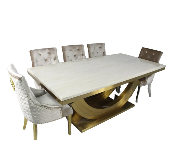 light grey color marble dining table and chair with gold color leg