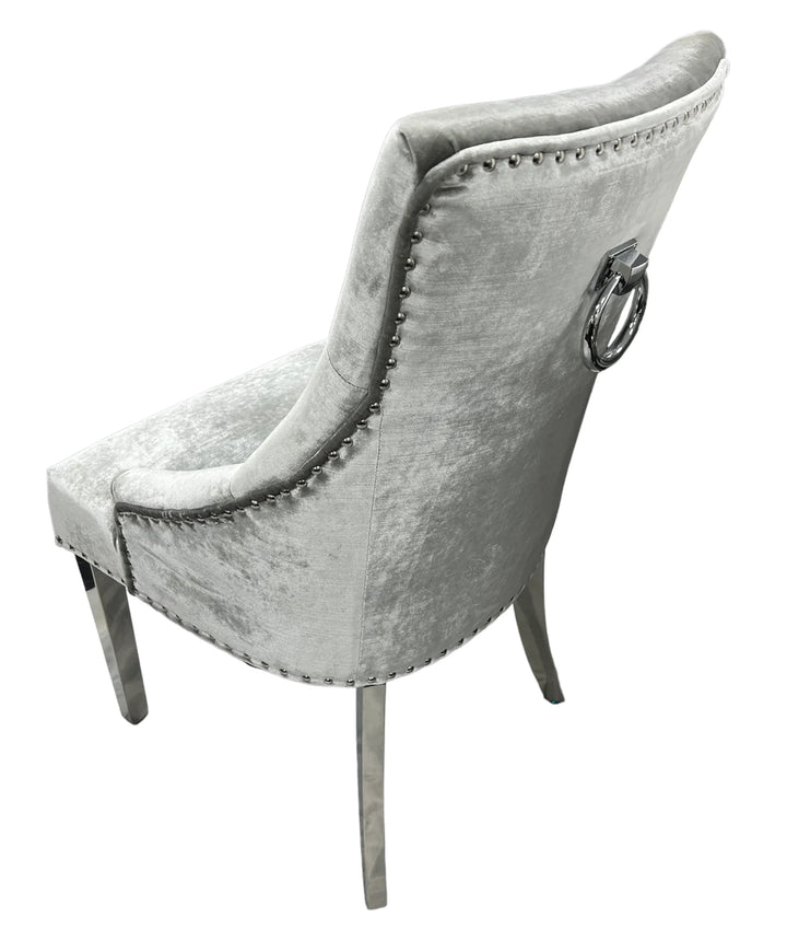 Ariana Marble Dining Table Light Grey + Jessica Dining Chairs Ring knocker Light Grey