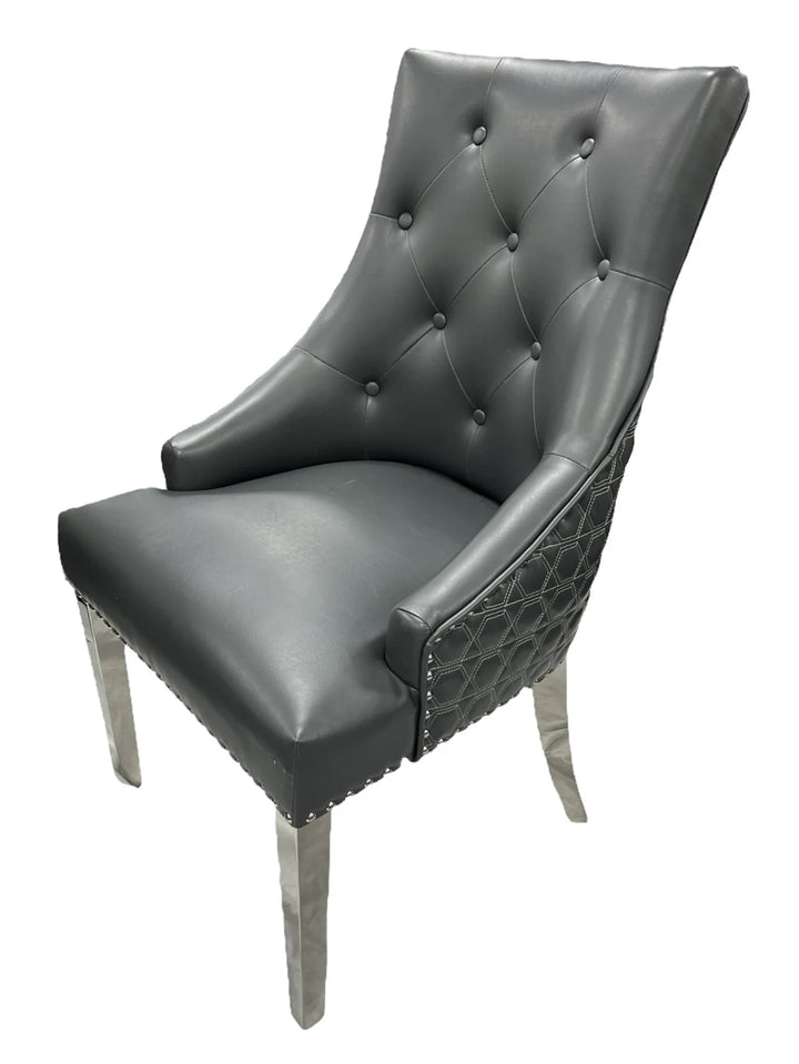 side view of a black PU leather dining chair with chrome color leg