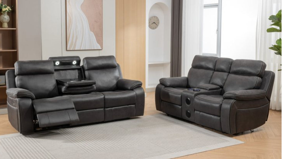 A gray TECHNO RECLINER SOFA set which includes a 3-seater and a 2-seater sofa, featuring recliner chairs, cup holders, and USB charging ports.