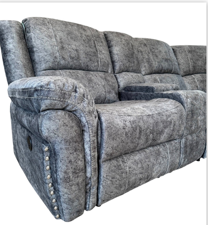 A gray fabric Milan electric recliner sofa with a modular design, including multiple seat units and USB phone chargers.