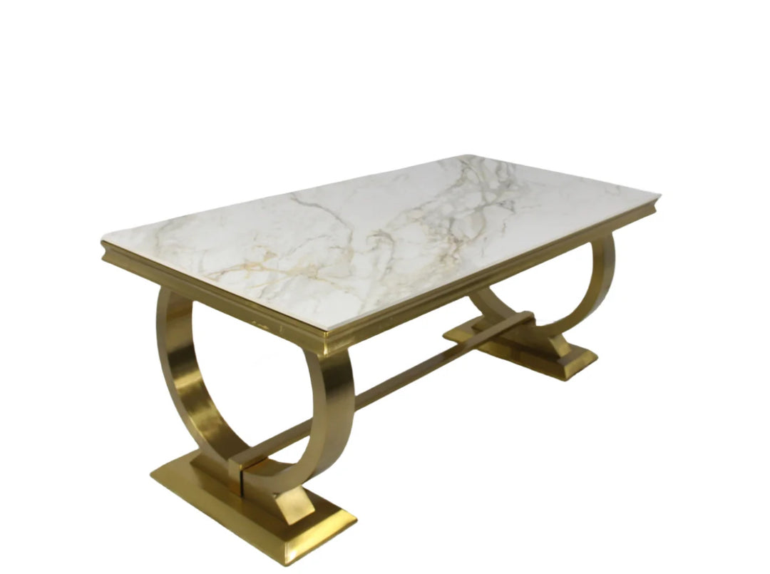 Elegant rectangular marble dining table with gold stainless steel U-shaped base, modern luxury design