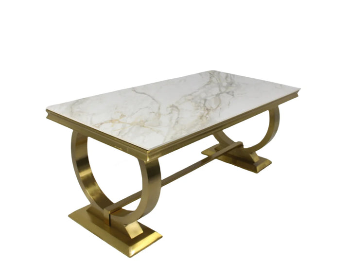 Elegant rectangular marble dining table with gold stainless steel U-shaped base, modern luxury design