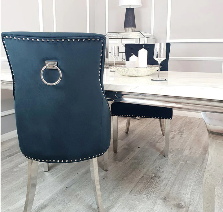 Arianna Marble Dining Table Grey + Jessica Dining Chairs Ring knocker Dark Grey