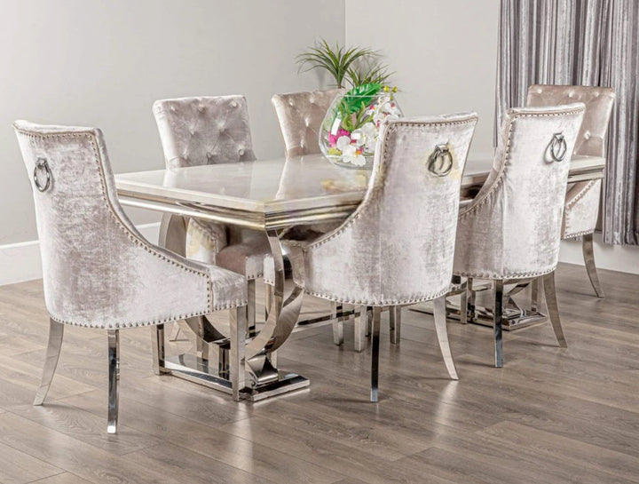 Ariana Marble Dining Table Light Grey + Jessica Dining Chairs Ring knocker Light Grey
