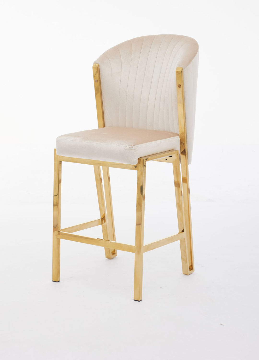 A cream upholstered bar stool with a gold metallic frame and a full backrest.