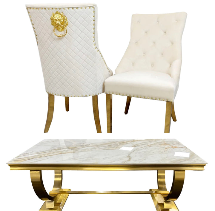 Arianna Marble Gold Dining Table With Bentley Mink and Gold Lion Knocker Dining Chairs
