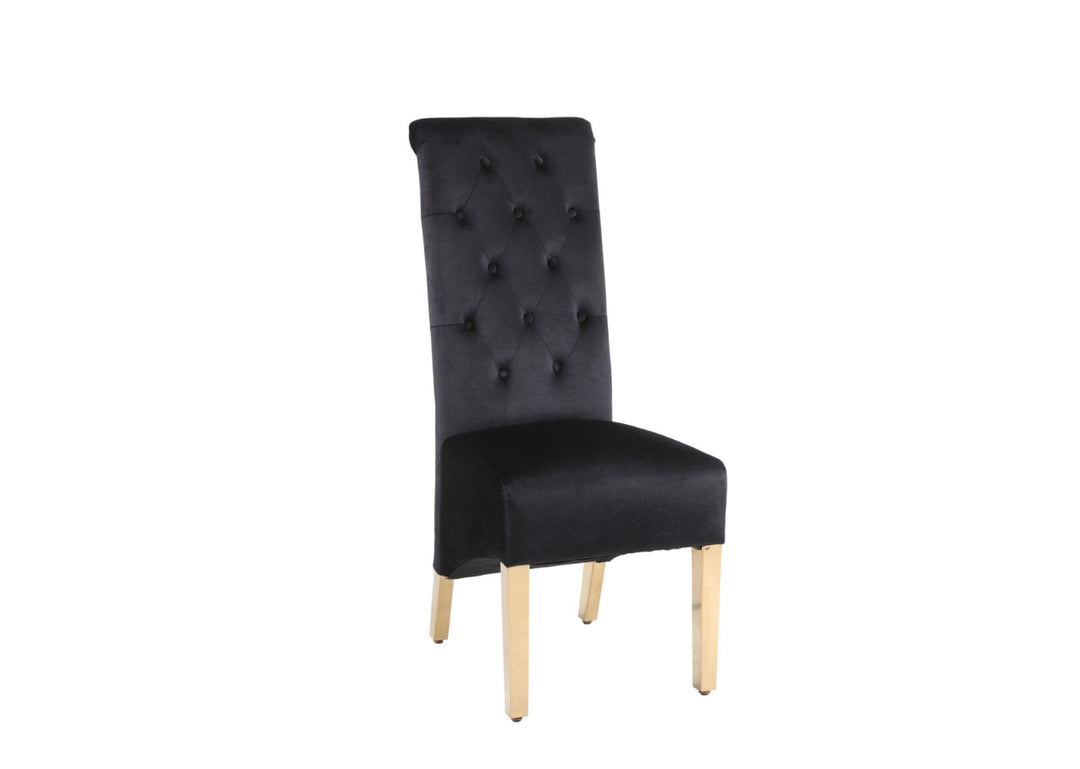 A black dining chair with gold accents and a square knocker, featuring a upholstered backrest and seat, with wooden legs.