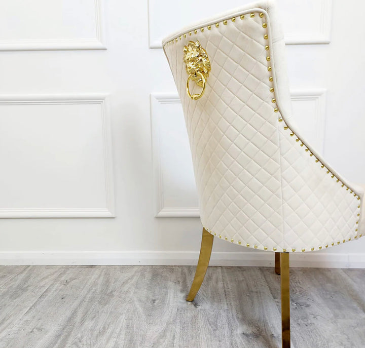 Arianna Black And Gold Marble Dining Table With Black And Gold Bentley Lion knocker Chair