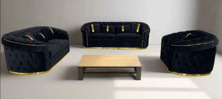 A set of black and gold sofas with tufted detailing, consisting of a 3-seater sofa and a 2-seater sofa, both with a gold-colored metal frame.