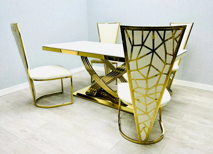 A Vienna cream and gold dining table and chair with a upholstered seat and a geometric patterned backrest in gold tone.