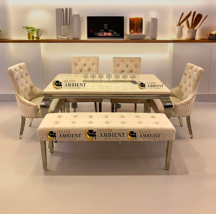 cream color dining chair and cream color marble color dining top with chrome color leg