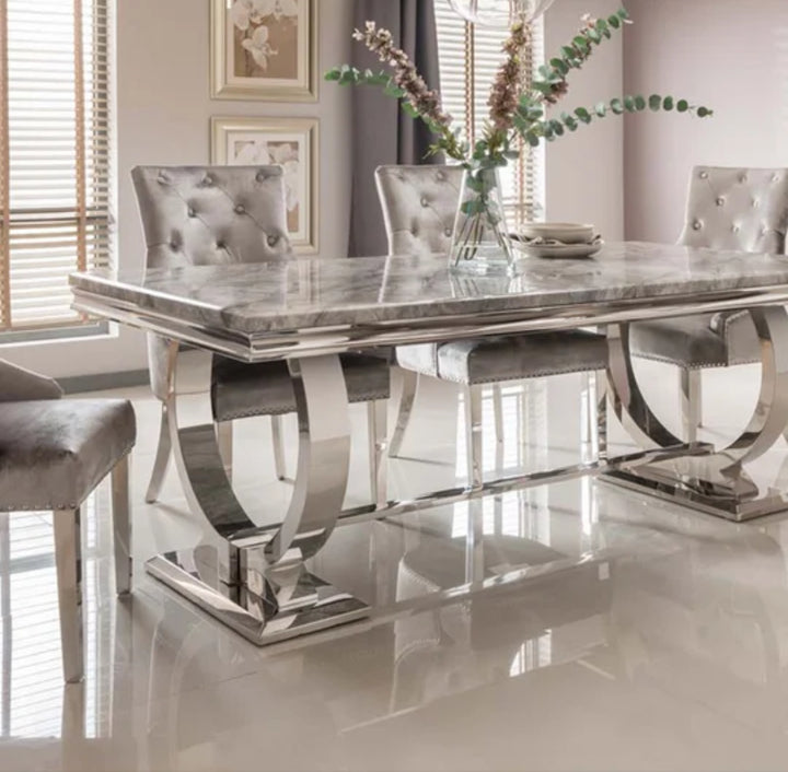Ariana Marble Dining Table Light Grey + Jessica Dining Chairs Ring knocker Light Grey