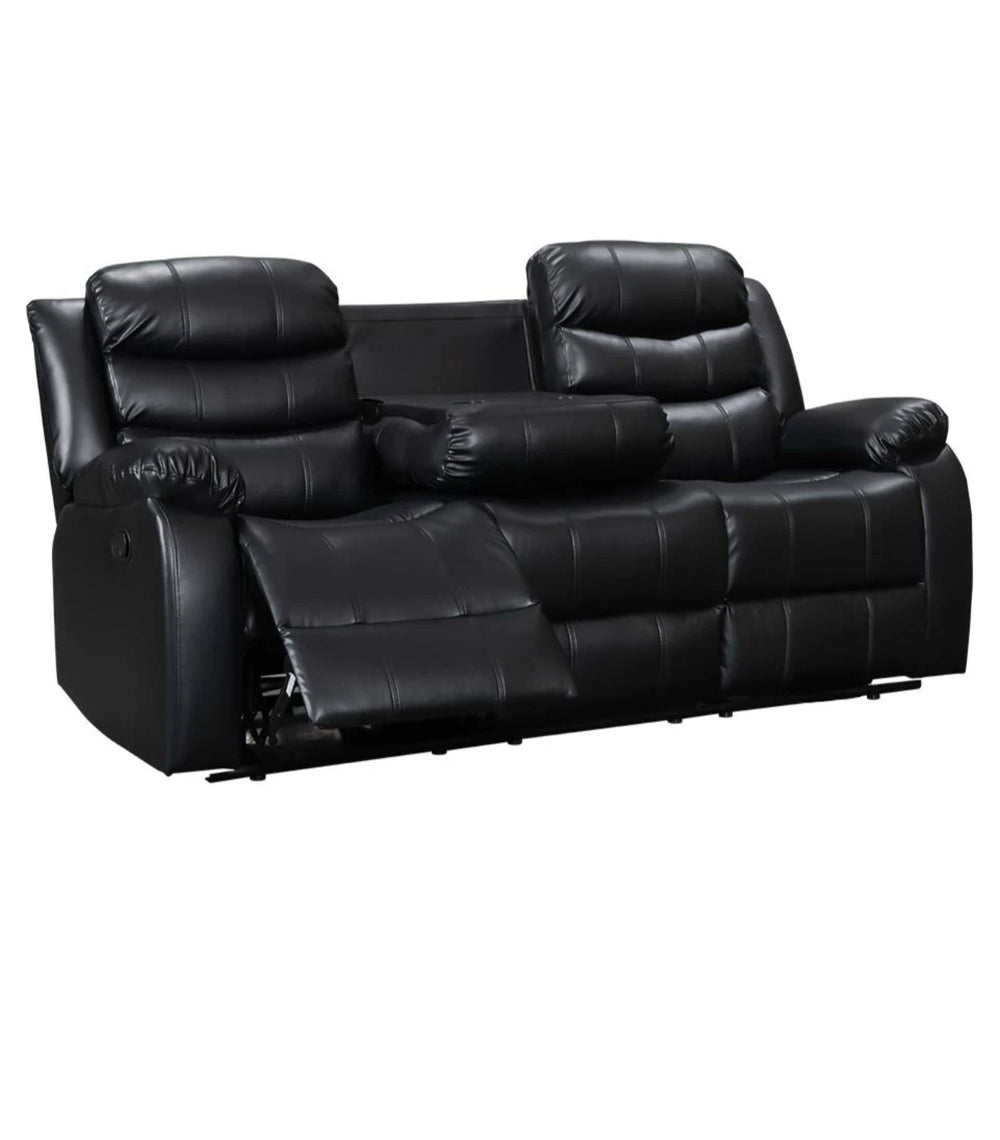 A black leather recliner sofa set, consisting of a 2-seater sofa, with drink holders, displayed in a room with grey flooring and skylights.